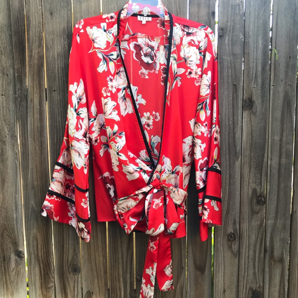 TCEC Red Floral Wrap Blouse